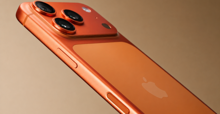 Close-up of an iPhone 18 Pro Max with a sleek orange finish, showcasing the triple-camera setup and Apple logo.