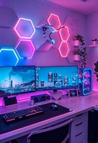 Gaming PC setup with triple monitors, RGB keyboard and mouse, LED-lit desktop tower, and ambient LED wall panels.