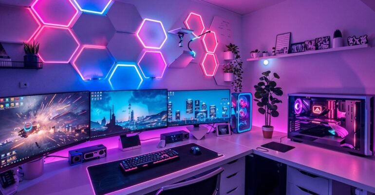 Gaming PC setup with triple monitors, RGB keyboard and mouse, LED-lit desktop tower, and ambient LED wall panels.