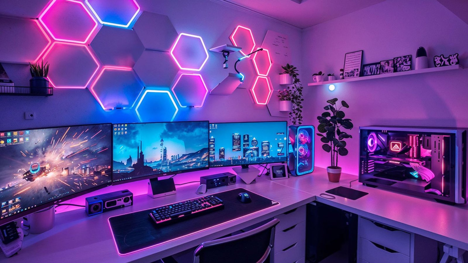 Gaming PC setup with triple monitors, RGB keyboard and mouse, LED-lit desktop tower, and ambient LED wall panels.