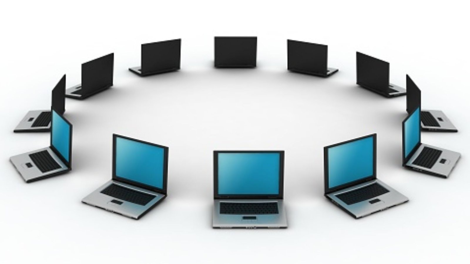 Circle of laptops representing the Best Laptops for Writers, arranged for collaboration and connectivity.