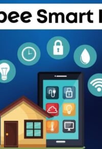 Zigbee Smart Homes Device illustration showing a house, smartphone with connected icons for smart lighting, security, temperature control, and energy management."