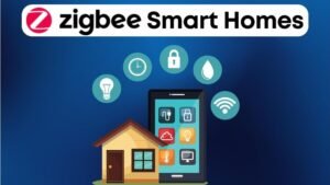 Zigbee Smart Homes Device illustration showing a house, smartphone with connected icons for smart lighting, security, temperature control, and energy management."