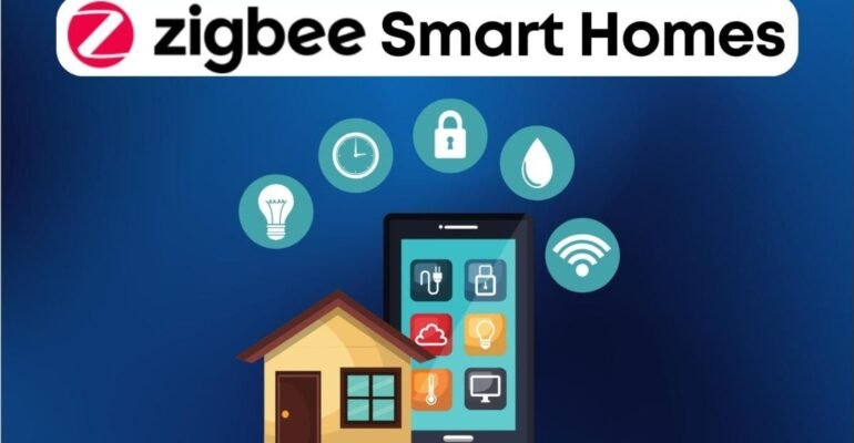 Zigbee Smart Homes Device illustration showing a house, smartphone with connected icons for smart lighting, security, temperature control, and energy management."