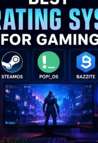 Best operating systems for gaming in 2026, including Windows 11, SteamOS, Pop!_OS, Bazzite, and Windows 10, showcased on a gaming setup with RGB lighting.