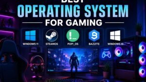 Best operating systems for gaming in 2026, including Windows 11, SteamOS, Pop!_OS, Bazzite, and Windows 10, showcased on a gaming setup with RGB lighting.