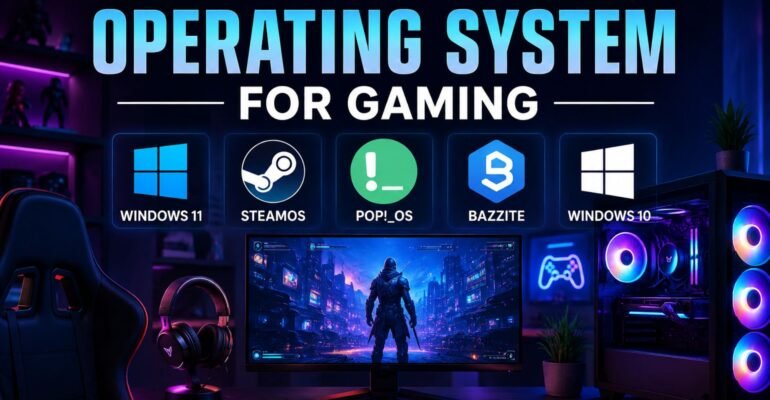 Best operating systems for gaming in 2026, including Windows 11, SteamOS, Pop!_OS, Bazzite, and Windows 10, showcased on a gaming setup with RGB lighting.