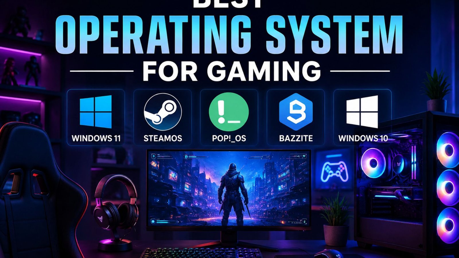 Best operating systems for gaming in 2026, including Windows 11, SteamOS, Pop!_OS, Bazzite, and Windows 10, showcased on a gaming setup with RGB lighting.