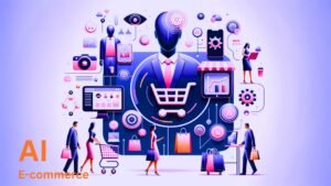 AI E-commerce concept illustration featuring digital shopping, virtual storefronts, analytics dashboards, online customers, and automation technology.
