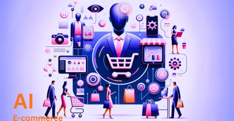 AI E-commerce concept illustration featuring digital shopping, virtual storefronts, analytics dashboards, online customers, and automation technology.