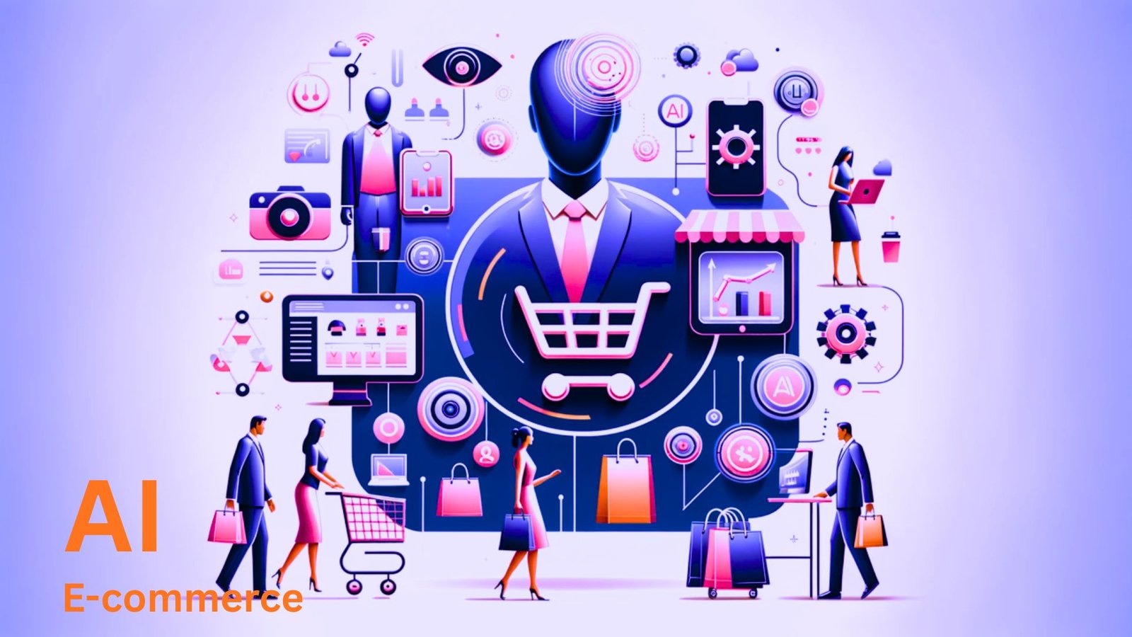AI E-commerce concept illustration featuring digital shopping, virtual storefronts, analytics dashboards, online customers, and automation technology.